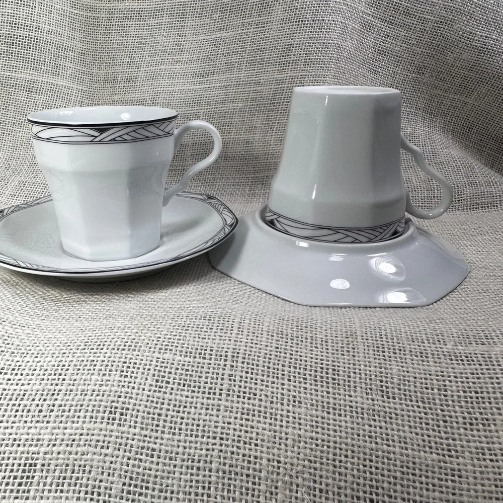 Studio Nova Synthesis Y0031 Octagonal Tea Cup Saucer Set Black Grey White 2pc